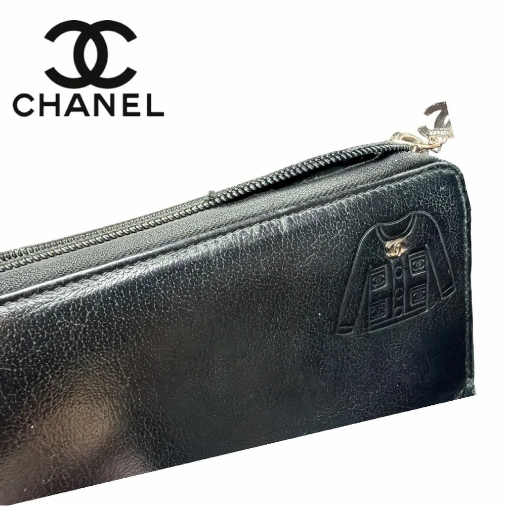 Chanel‎ Black Jacket Embossed Long Zipper Wallet